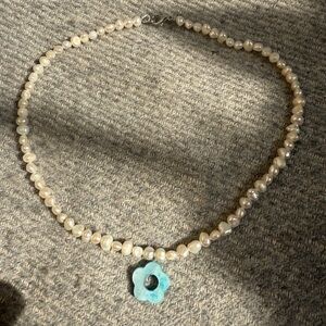 Pearl Necklace with Turquoise Flower Pendant